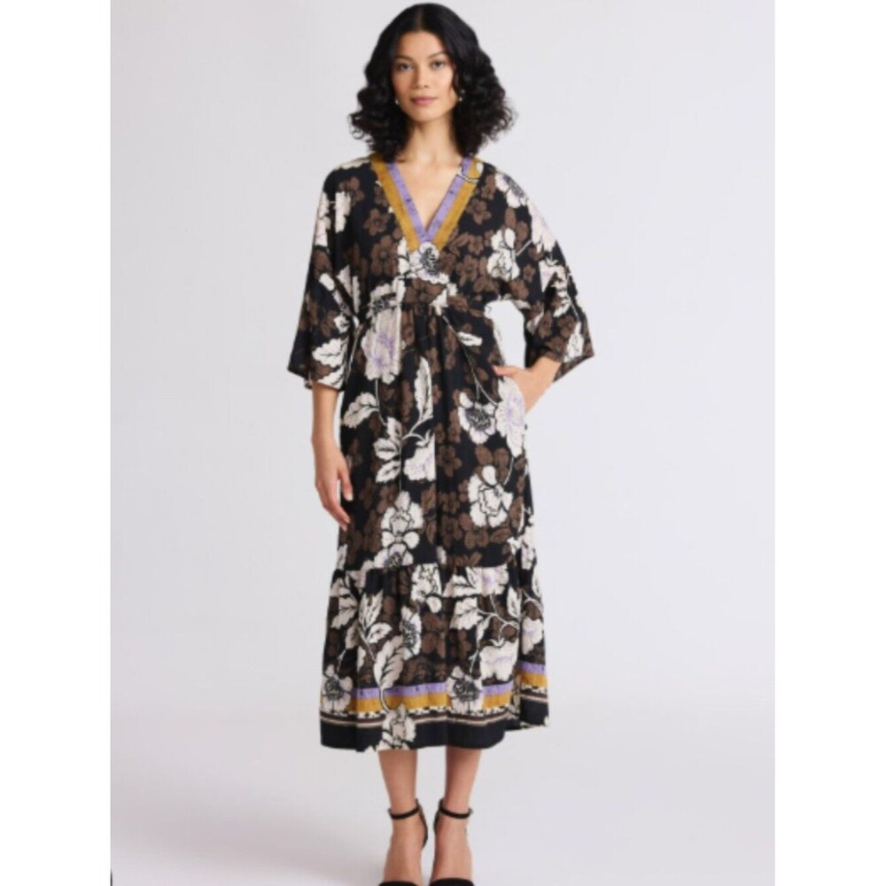 Sofia By Sofia Vergara Black Floral Midi Dress with Belt Size M